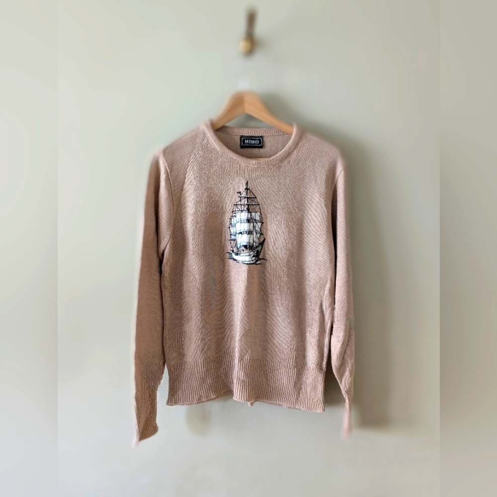 Vintage Medici Beige Embroidered Ship Sweater